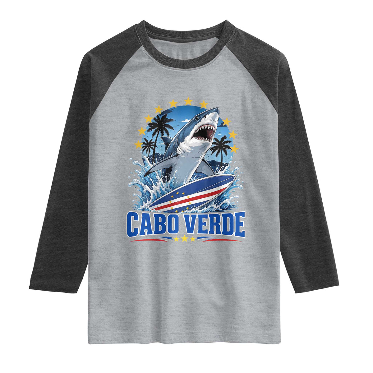 Cabo Verde Surfing Blue Shark Surfboard Raglan Shirt Cape Verde Flag Tropical Ocean Wave
