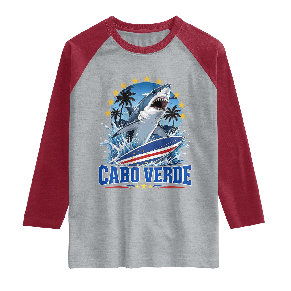 Cabo Verde Surfing Blue Shark Surfboard Raglan Shirt Cape Verde Flag Tropical Ocean Wave