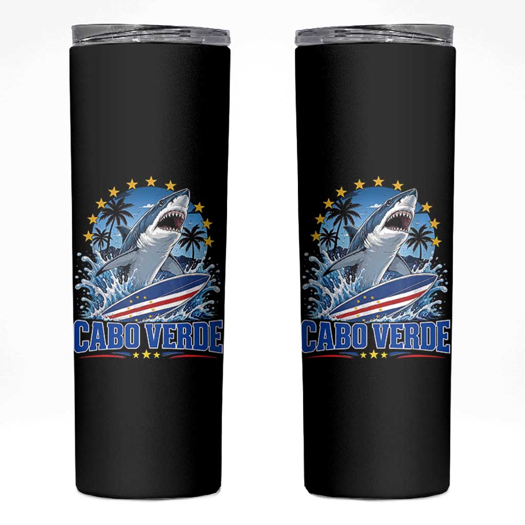 Cabo Verde Surfing Blue Shark Surfboard Skinny Tumbler Cape Verde Flag Tropical Ocean Wave