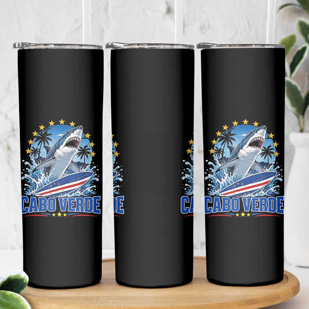 Cabo Verde Surfing Blue Shark Surfboard Skinny Tumbler Cape Verde Flag Tropical Ocean Wave