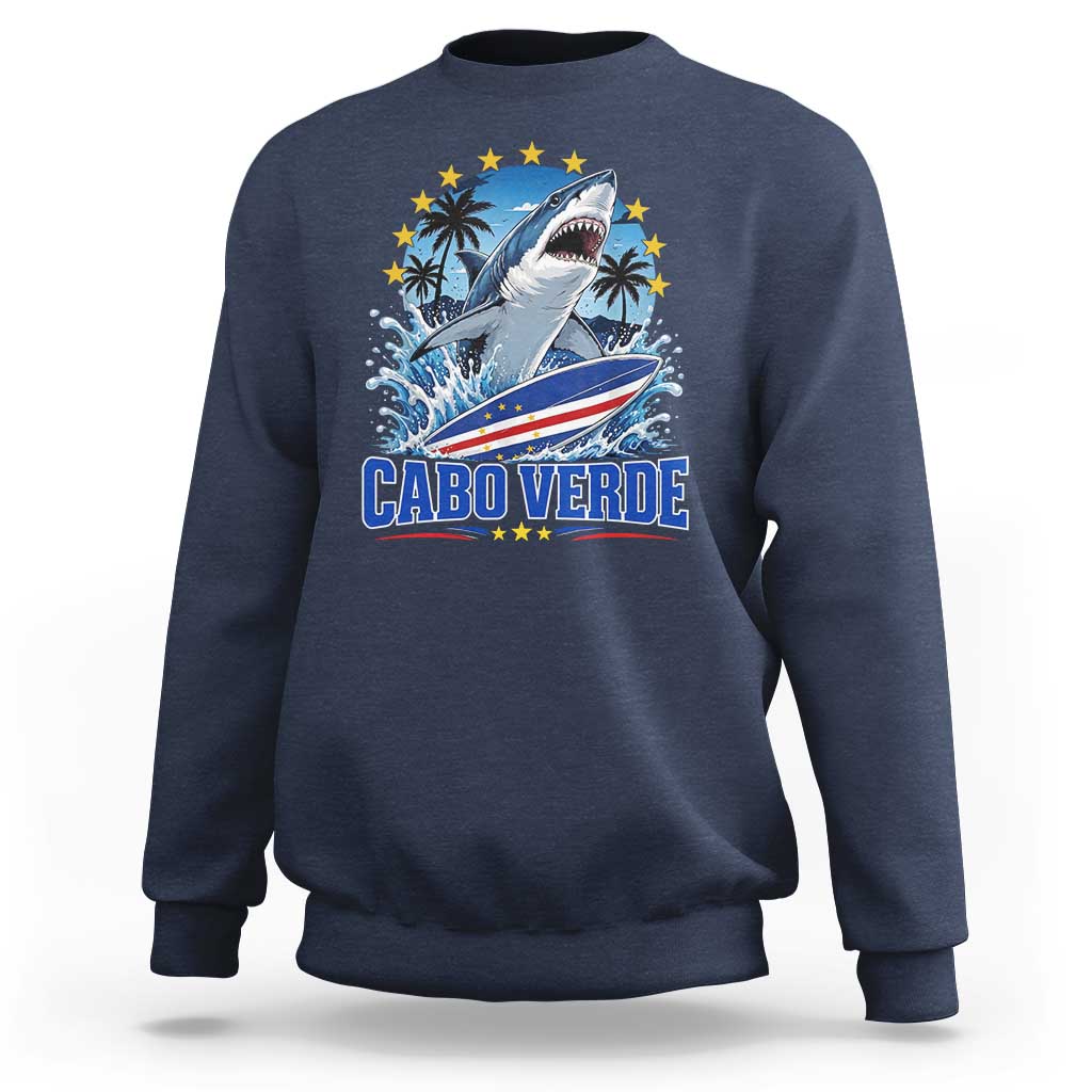 Cabo Verde Surfing Blue Shark Surfboard Sweatshirt Cape Verde Flag Tropical Ocean Wave