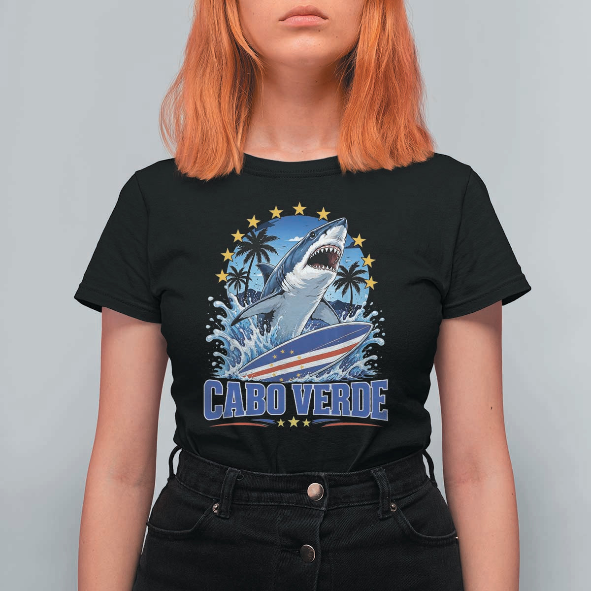 Cabo Verde Surfing Blue Shark Surfboard T Shirt For Women Cape Verde Flag Tropical Ocean Wave