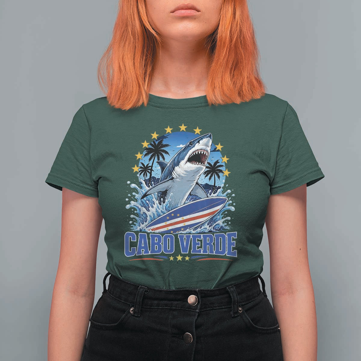 Cabo Verde Surfing Blue Shark Surfboard T Shirt For Women Cape Verde Flag Tropical Ocean Wave