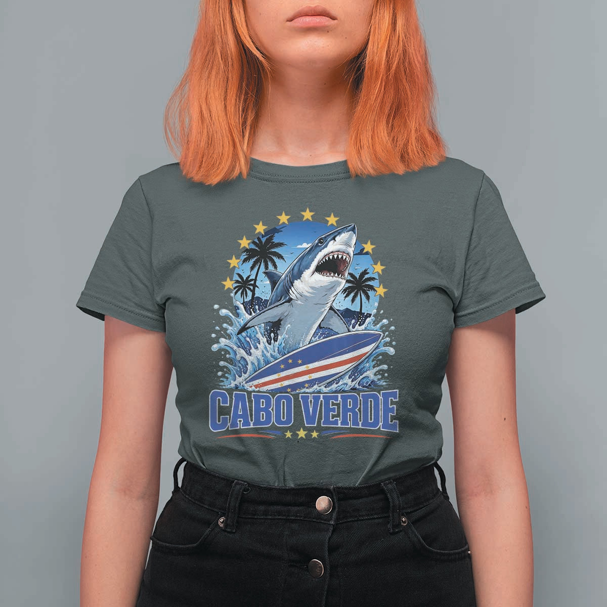 Cabo Verde Surfing Blue Shark Surfboard T Shirt For Women Cape Verde Flag Tropical Ocean Wave