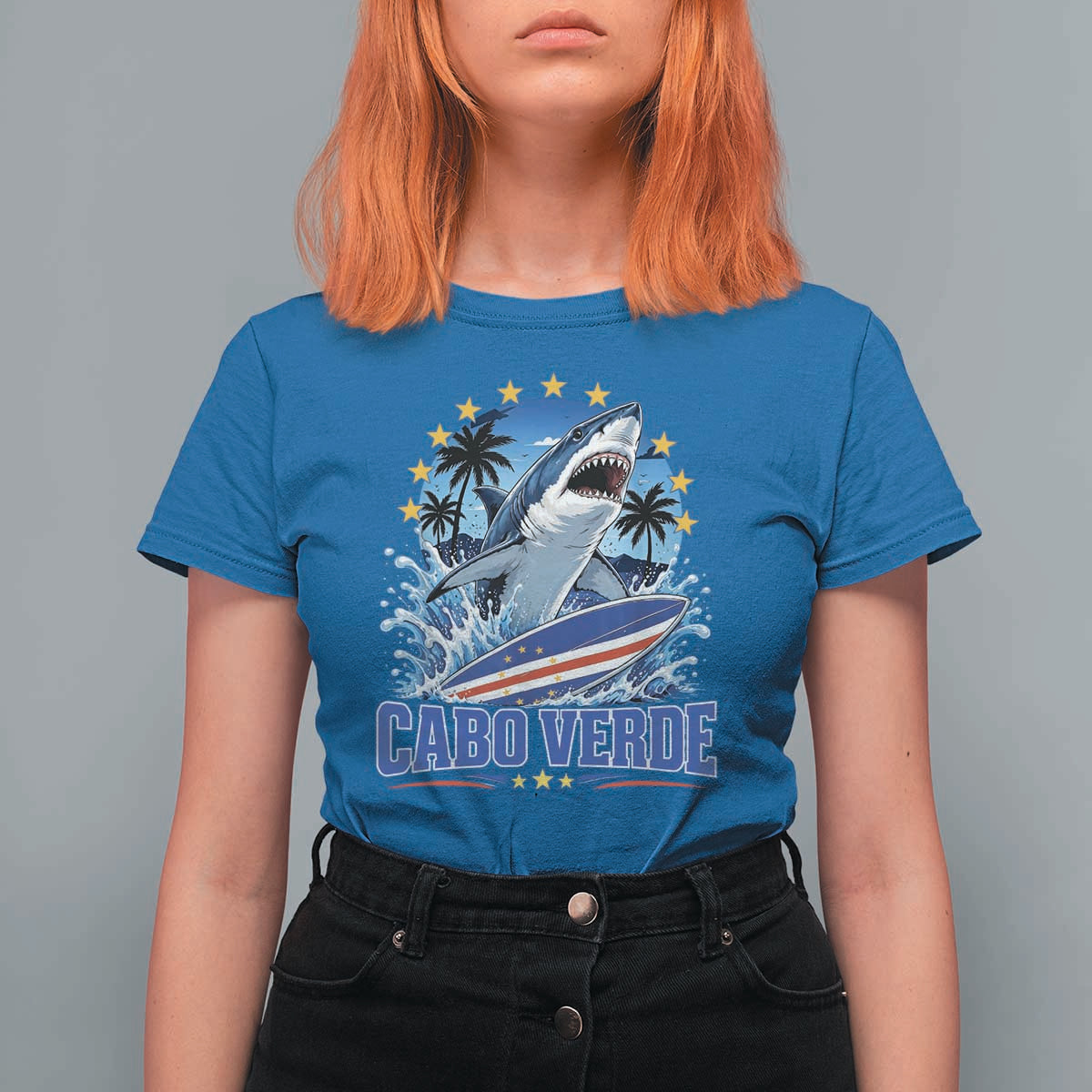 Cabo Verde Surfing Blue Shark Surfboard T Shirt For Women Cape Verde Flag Tropical Ocean Wave