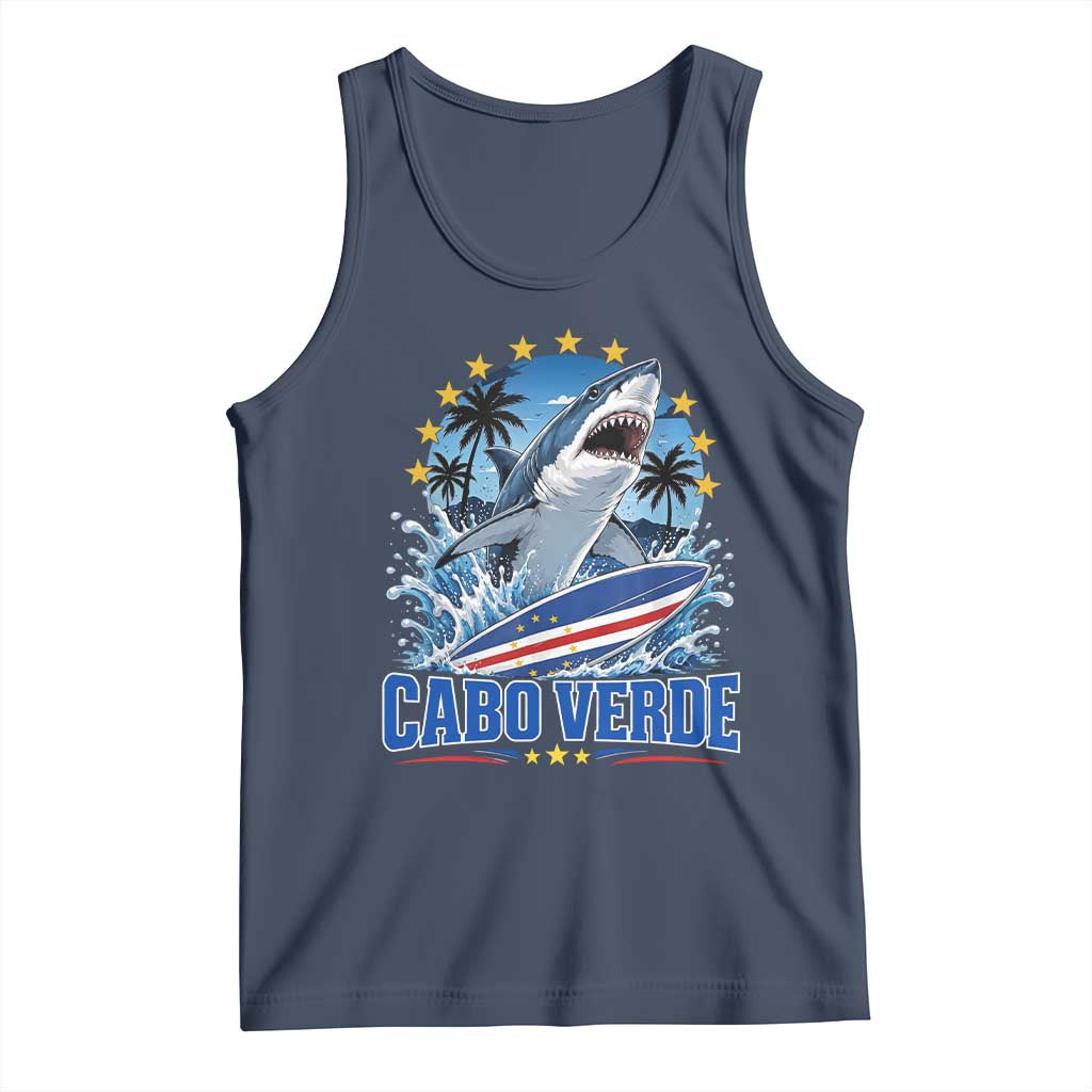 Cabo Verde Surfing Blue Shark Surfboard Tank Top Cape Verde Flag Tropical Ocean Wave