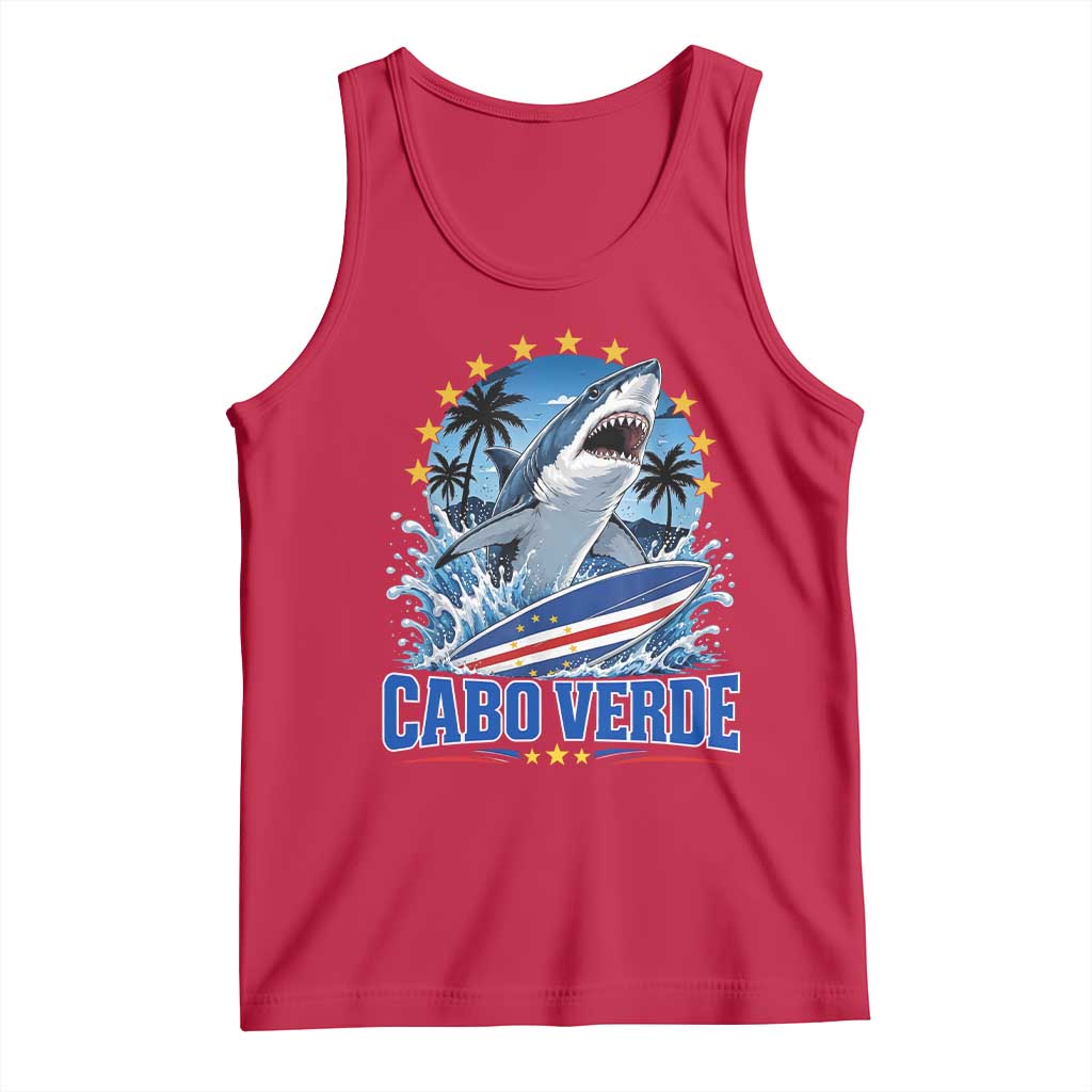 Cabo Verde Surfing Blue Shark Surfboard Tank Top Cape Verde Flag Tropical Ocean Wave