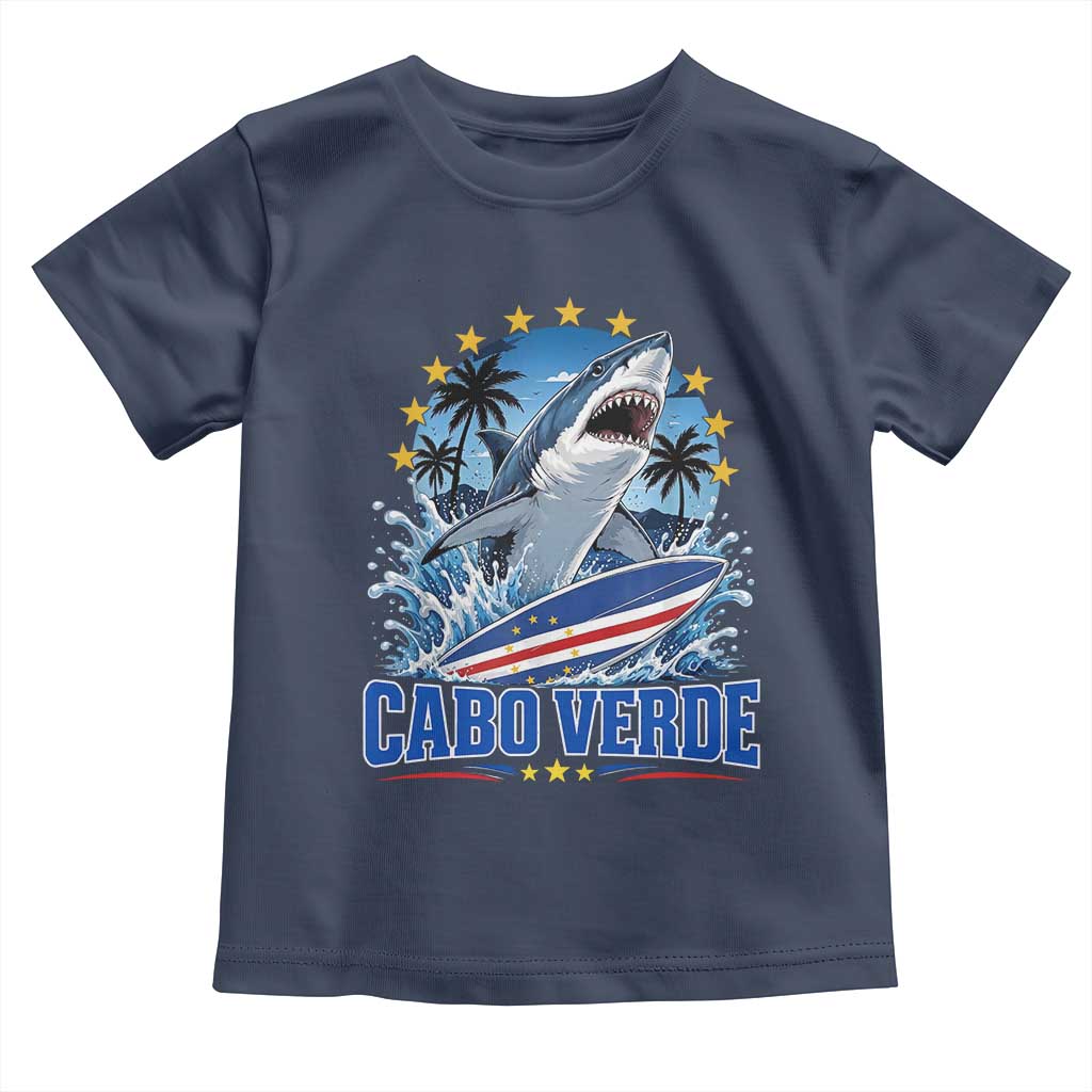 Cabo Verde Surfing Blue Shark Surfboard Toddler T Shirt Cape Verde Flag Tropical Ocean Wave