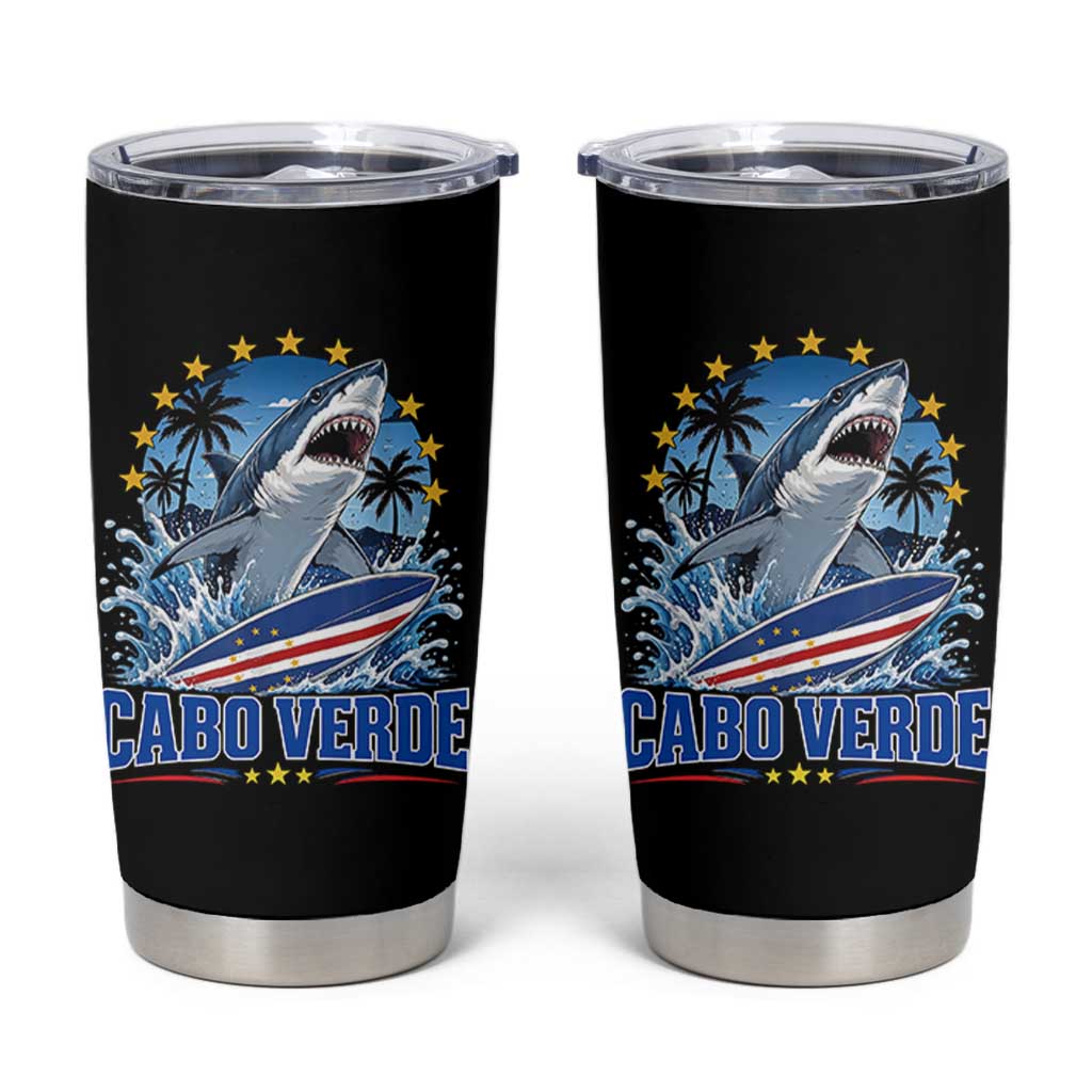 Cabo Verde Surfing Blue Shark Surfboard Tumbler Cup Cape Verde Flag Tropical Ocean Wave