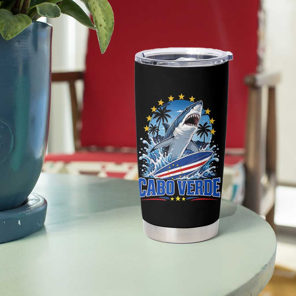 Cabo Verde Surfing Blue Shark Surfboard Tumbler Cup Cape Verde Flag Tropical Ocean Wave