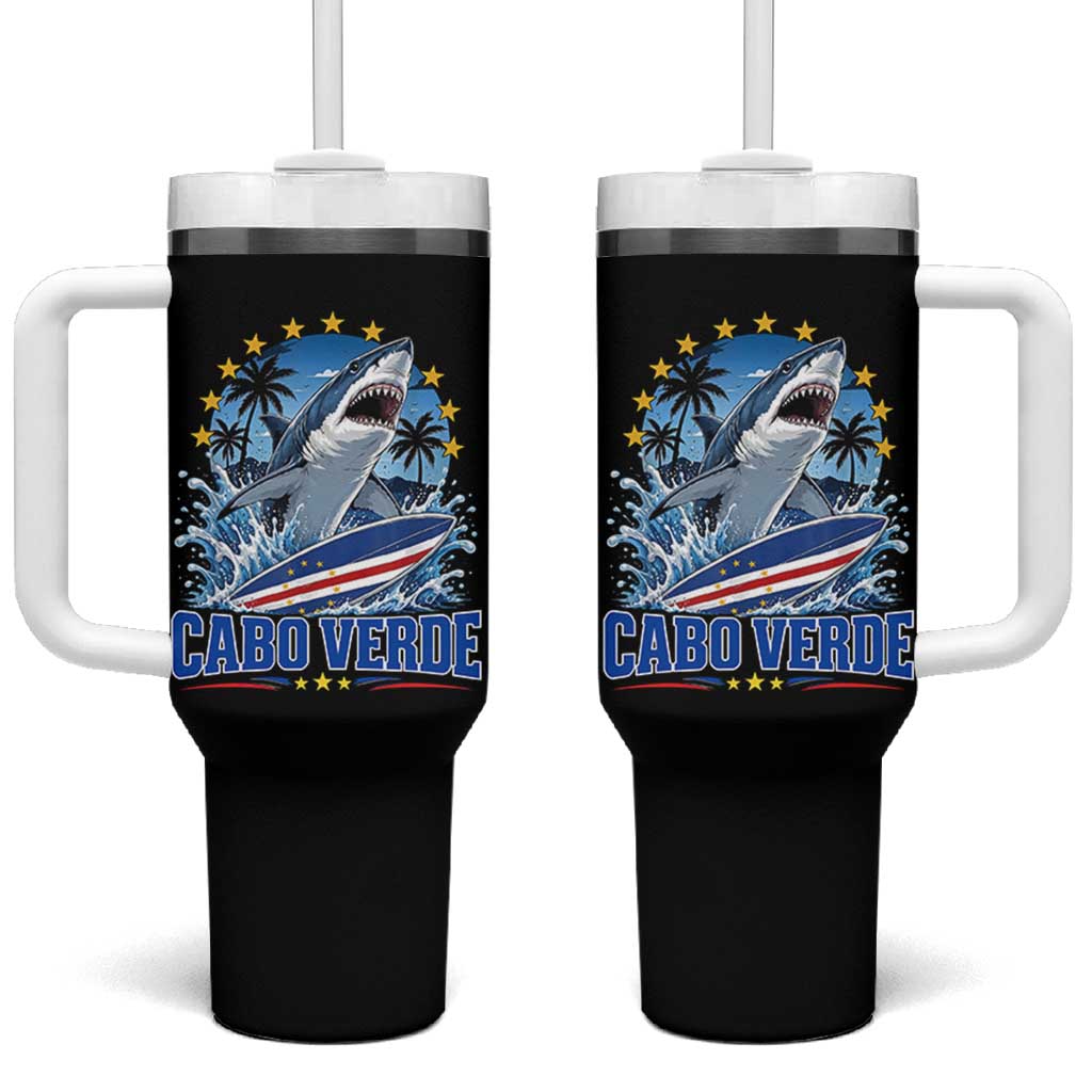 Cabo Verde Surfing Blue Shark Surfboard Tumbler With Handle Cape Verde Flag Tropical Ocean Wave