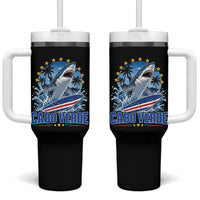 Cabo Verde Surfing Blue Shark Surfboard Tumbler With Handle Cape Verde Flag Tropical Ocean Wave