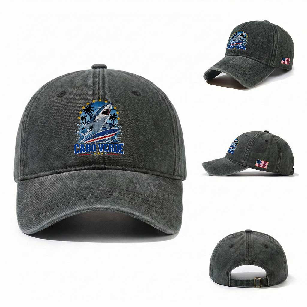 Cabo Verde Surfing Blue Shark Surfboard Washed Cotton Baseball Cap Cape Verde Flag Tropical Ocean Wave