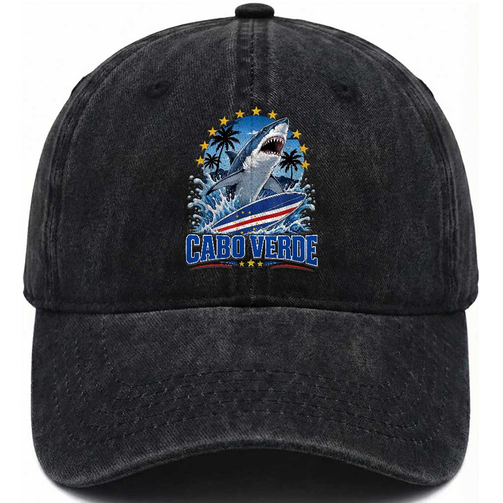 Cabo Verde Surfing Blue Shark Surfboard Washed Cotton Baseball Cap Cape Verde Flag Tropical Ocean Wave