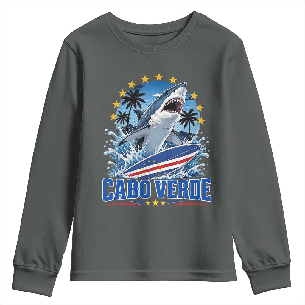 Cabo Verde Surfing Blue Shark Surfboard Youth Sweatshirt Cape Verde Flag Tropical Ocean Wave