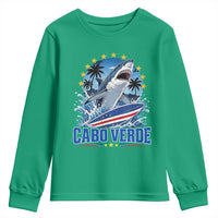 Cabo Verde Surfing Blue Shark Surfboard Youth Sweatshirt Cape Verde Flag Tropical Ocean Wave