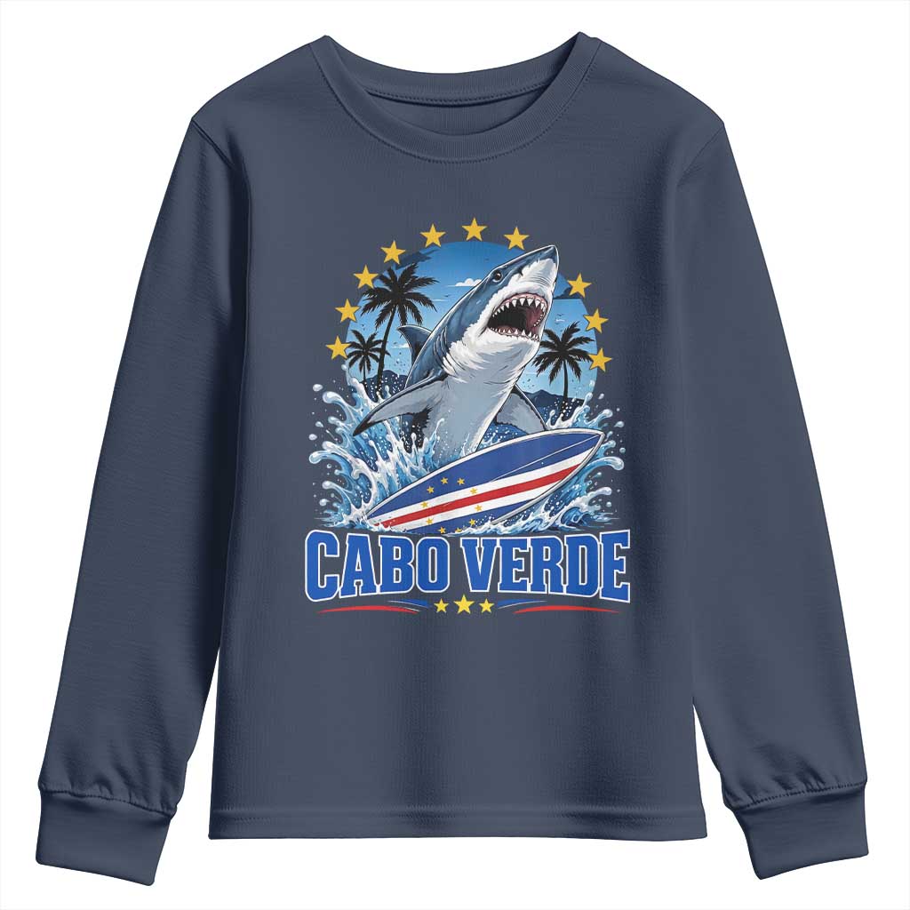 Cabo Verde Surfing Blue Shark Surfboard Youth Sweatshirt Cape Verde Flag Tropical Ocean Wave