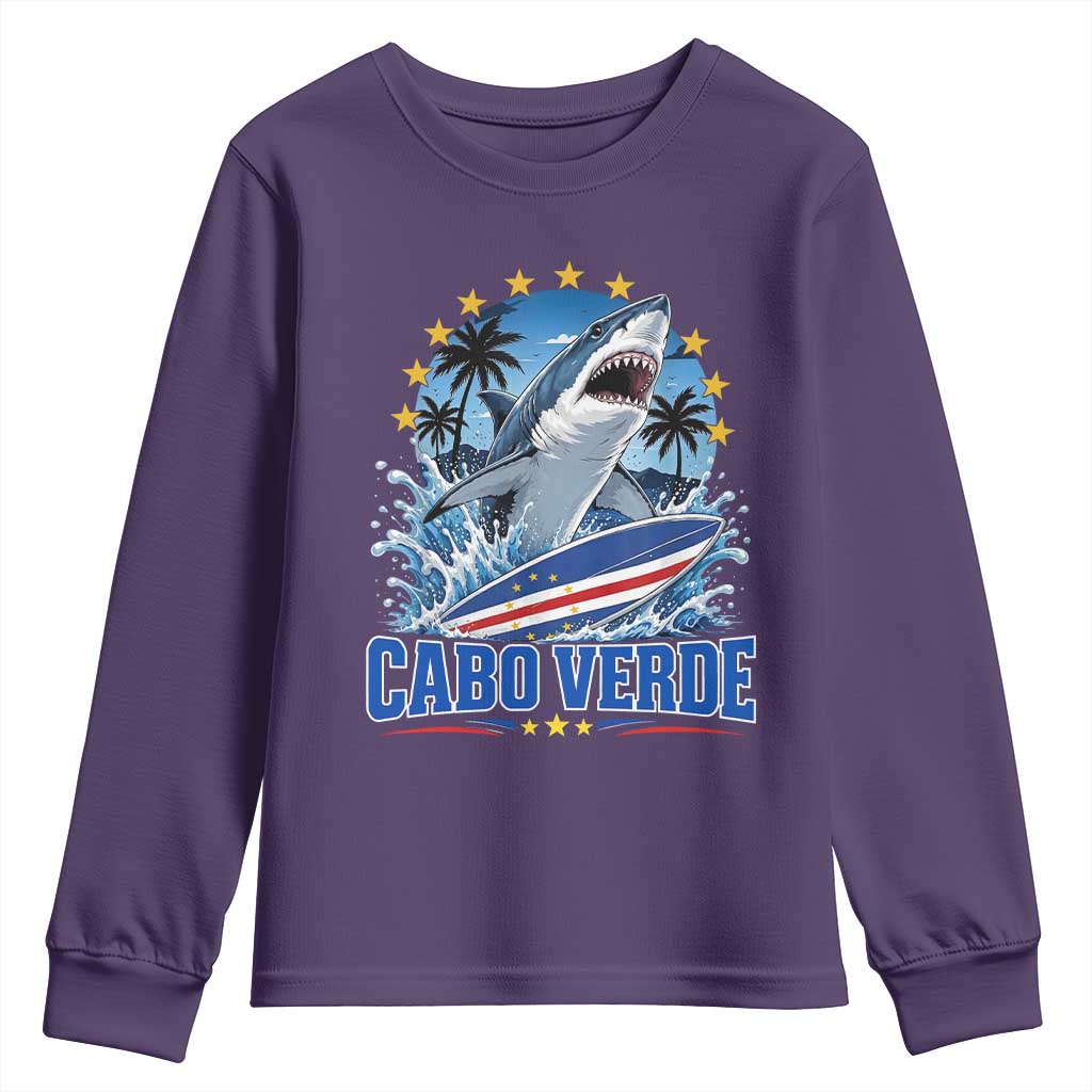 Cabo Verde Surfing Blue Shark Surfboard Youth Sweatshirt Cape Verde Flag Tropical Ocean Wave