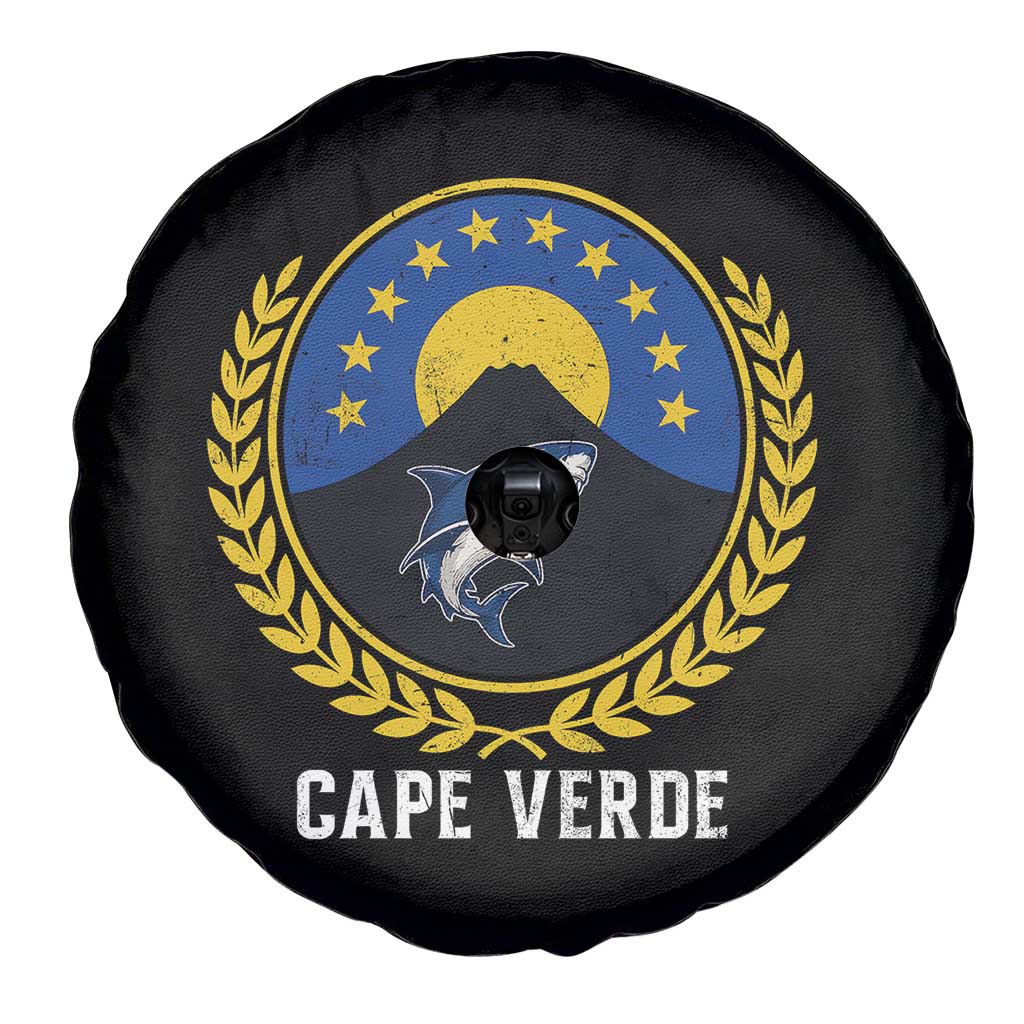 Cape Verde Volcano Blue Sharks Gold Laurel Crest Graphic Spare Tire Cover Retro Cabo Verde Heritage Pride
