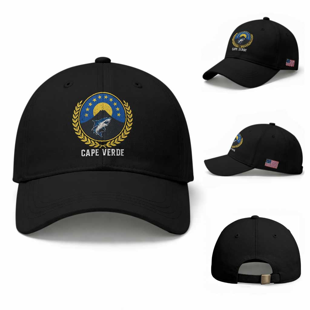Cape Verde Volcano Blue Sharks Gold Laurel Crest Graphic Baseball Cap Retro Cabo Verde Heritage Pride