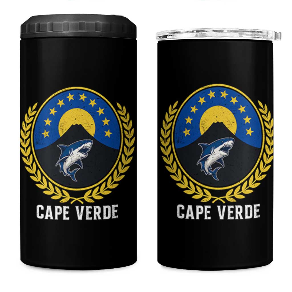Cape Verde Volcano Blue Sharks Gold Laurel Crest Graphic 4 in 1 Can Cooler Tumbler Retro Cabo Verde Heritage Pride