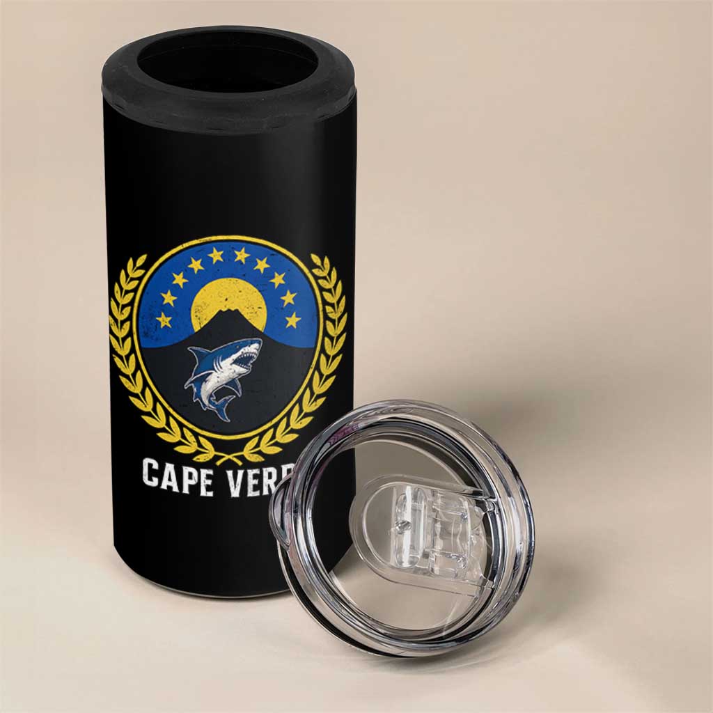Cape Verde Volcano Blue Sharks Gold Laurel Crest Graphic 4 in 1 Can Cooler Tumbler Retro Cabo Verde Heritage Pride