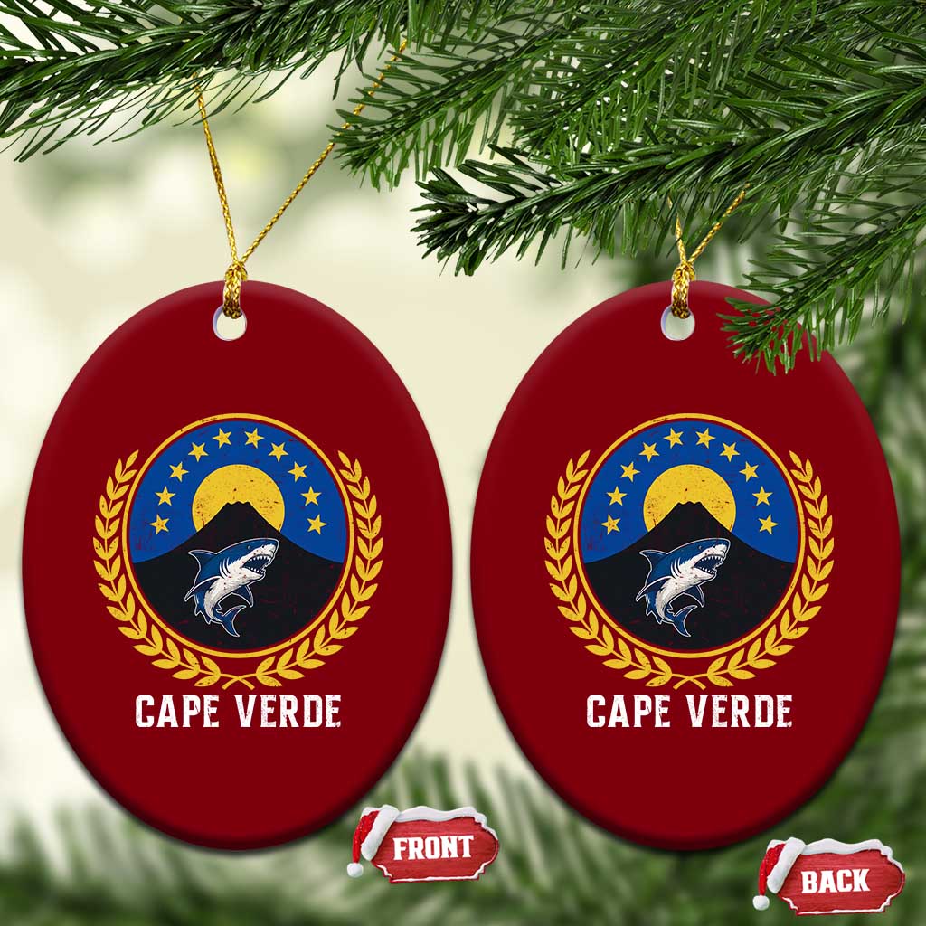 Cape Verde Volcano Blue Sharks Gold Laurel Crest Graphic Ceramic Ornament Retro Cabo Verde Heritage Pride