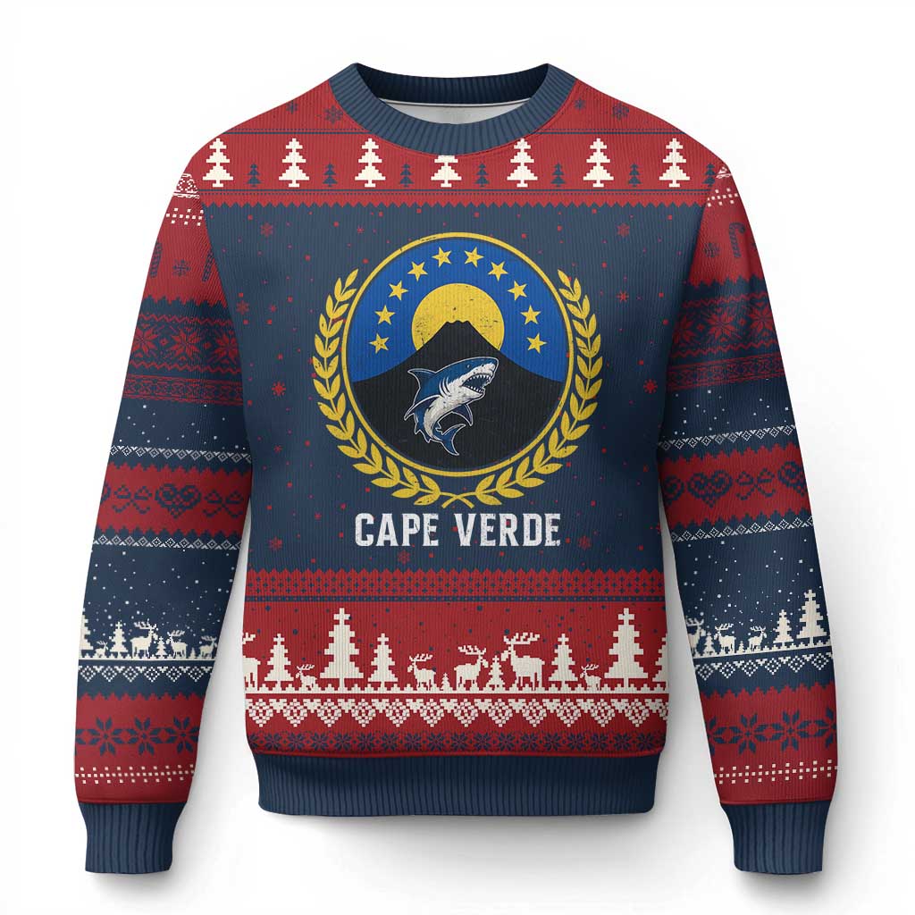 Cape Verde Volcano Blue Sharks Gold Laurel Crest Graphic Ugly Christmas Sweater Retro Cabo Verde Heritage Pride