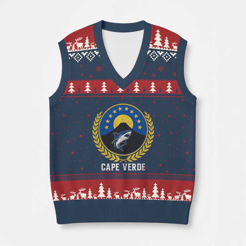 Cape Verde Volcano Blue Sharks Gold Laurel Crest Graphic V-Neck Knit Sweater Vest Retro Cabo Verde Heritage Pride