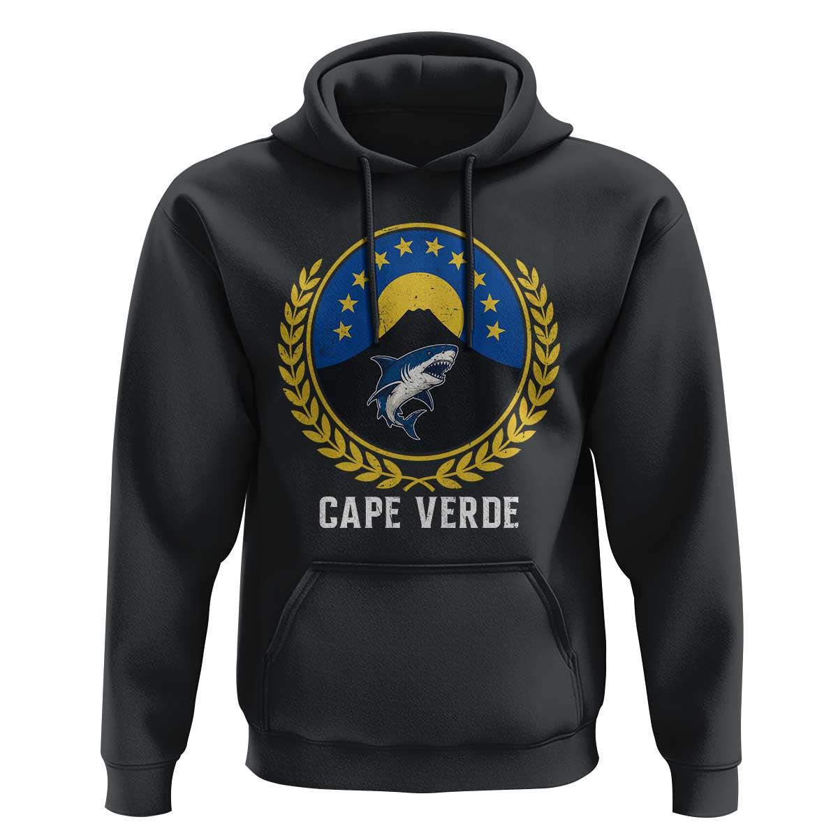 Cape Verde Volcano Blue Sharks Gold Laurel Crest Graphic Hoodie Retro Cabo Verde Heritage Pride