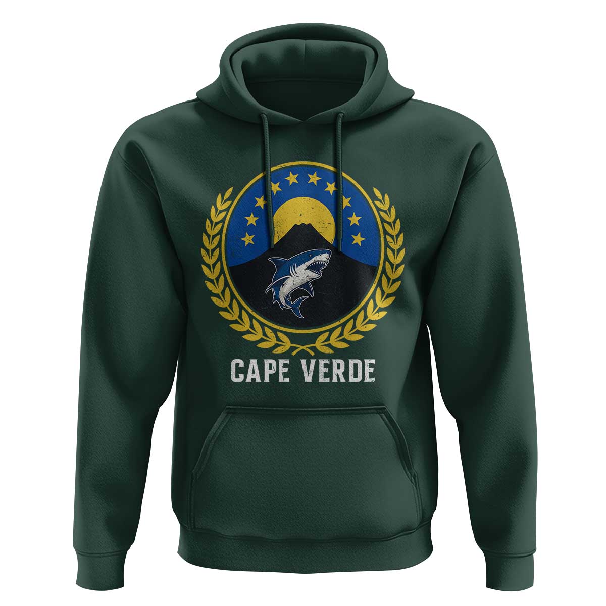 Cape Verde Volcano Blue Sharks Gold Laurel Crest Graphic Hoodie Retro Cabo Verde Heritage Pride