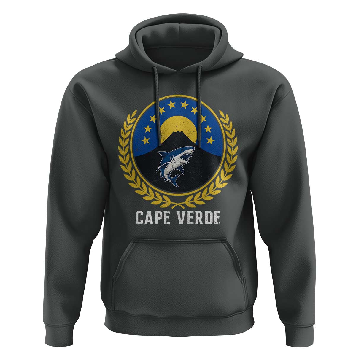 Cape Verde Volcano Blue Sharks Gold Laurel Crest Graphic Hoodie Retro Cabo Verde Heritage Pride