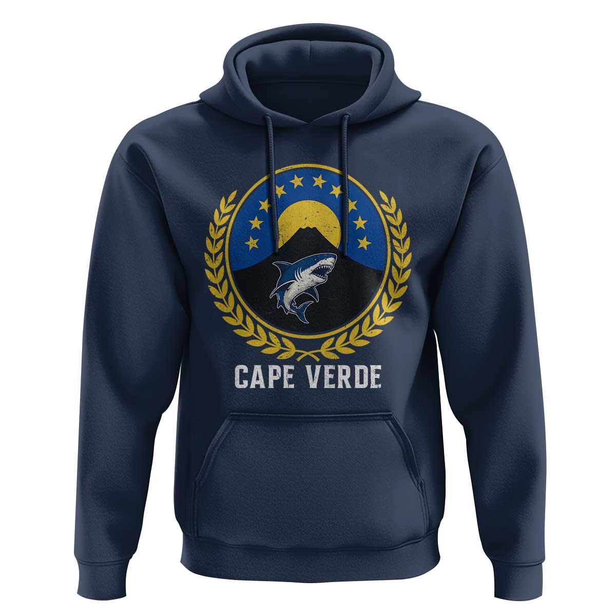 Cape Verde Volcano Blue Sharks Gold Laurel Crest Graphic Hoodie Retro Cabo Verde Heritage Pride