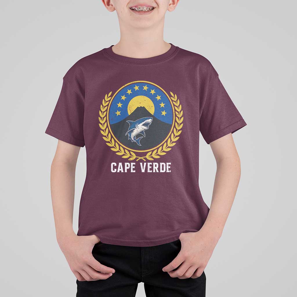 Cape Verde Volcano Blue Sharks Gold Laurel Crest Graphic T Shirt For Kid Retro Cabo Verde Heritage Pride