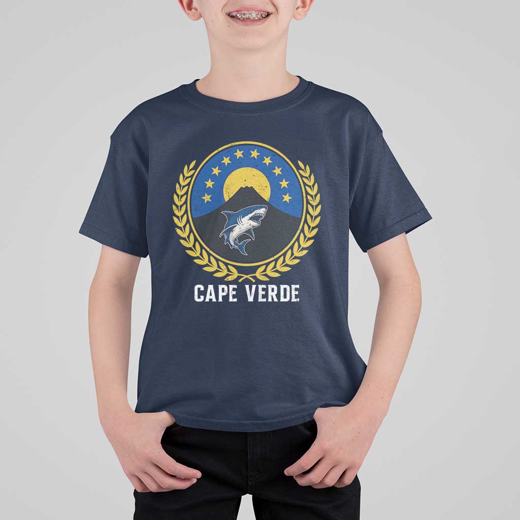 Cape Verde Volcano Blue Sharks Gold Laurel Crest Graphic T Shirt For Kid Retro Cabo Verde Heritage Pride