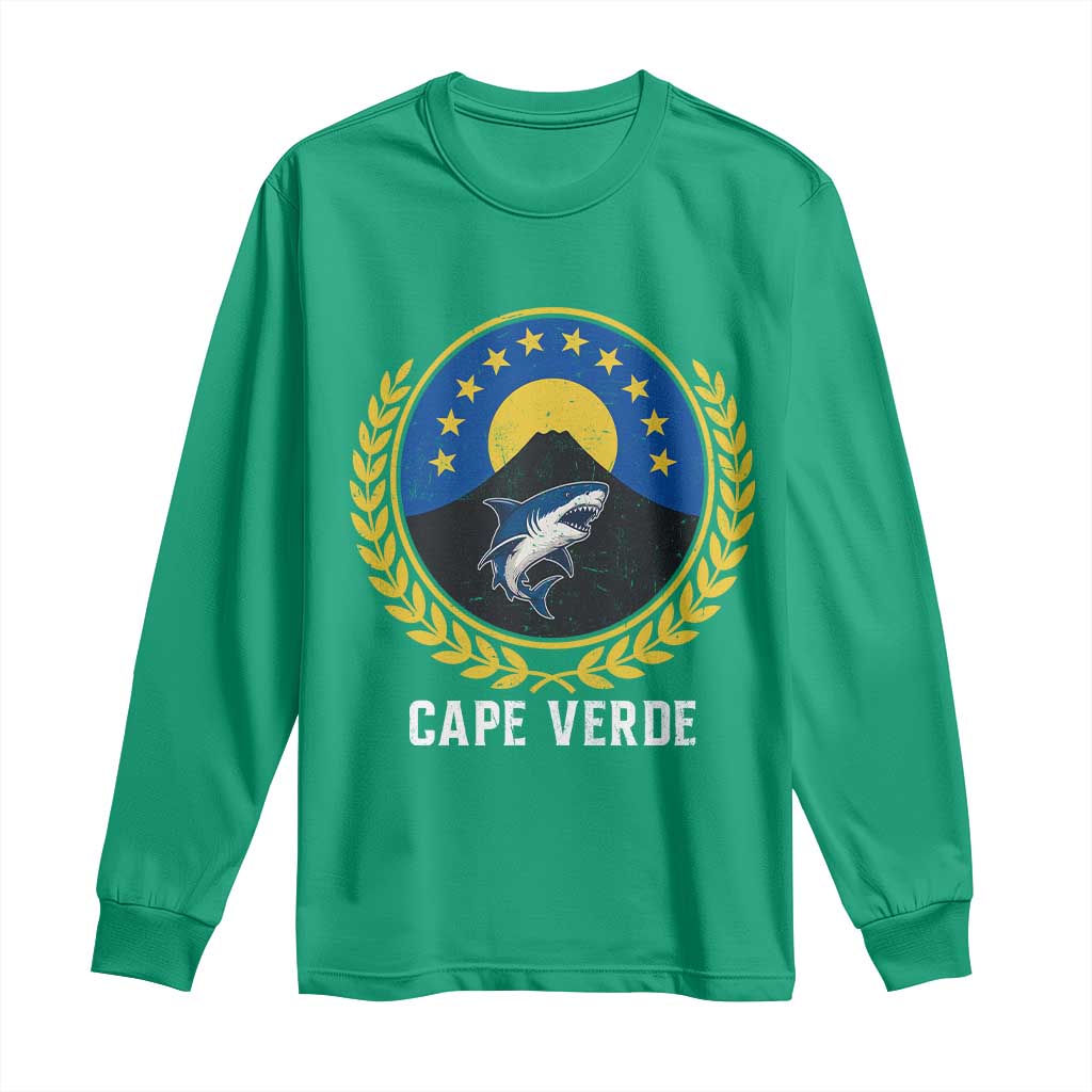 Cape Verde Volcano Blue Sharks Gold Laurel Crest Graphic Long Sleeve Shirt Retro Cabo Verde Heritage Pride