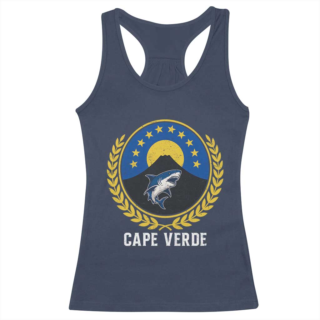 Cape Verde Volcano Blue Sharks Gold Laurel Crest Graphic Racerback Tank Top Retro Cabo Verde Heritage Pride