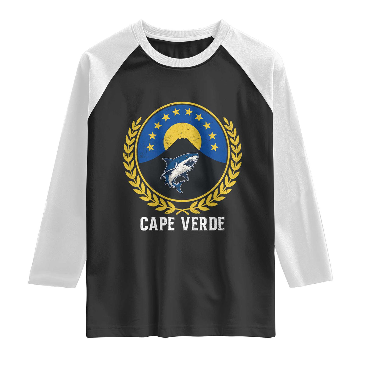 Cape Verde Volcano Blue Sharks Gold Laurel Crest Graphic Raglan Shirt Retro Cabo Verde Heritage Pride