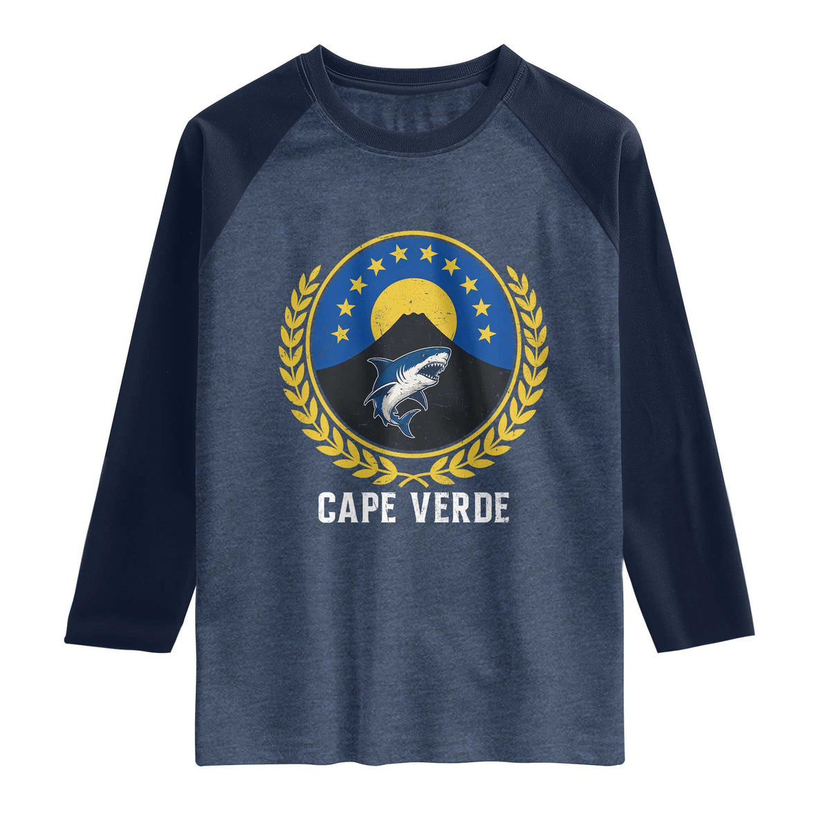 Cape Verde Volcano Blue Sharks Gold Laurel Crest Graphic Raglan Shirt Retro Cabo Verde Heritage Pride