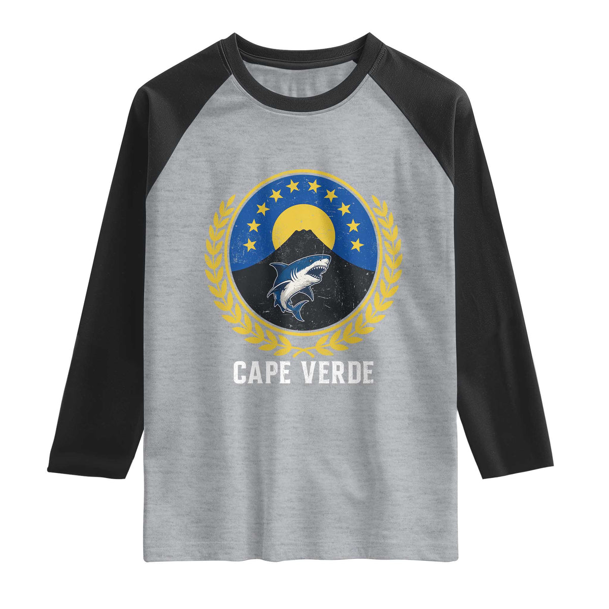 Cape Verde Volcano Blue Sharks Gold Laurel Crest Graphic Raglan Shirt Retro Cabo Verde Heritage Pride