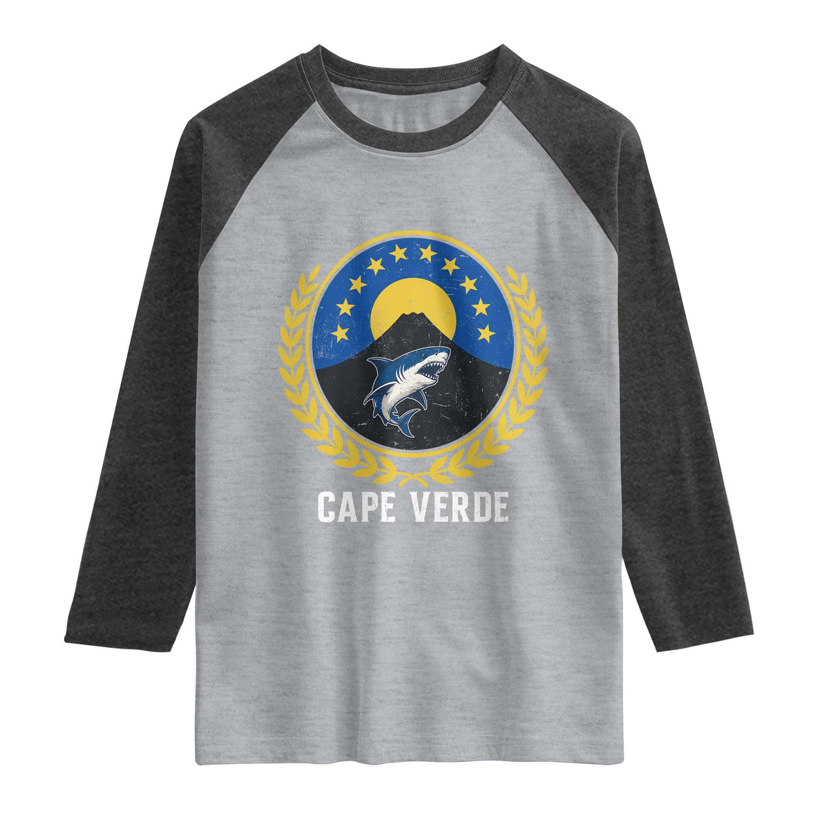Cape Verde Volcano Blue Sharks Gold Laurel Crest Graphic Raglan Shirt Retro Cabo Verde Heritage Pride