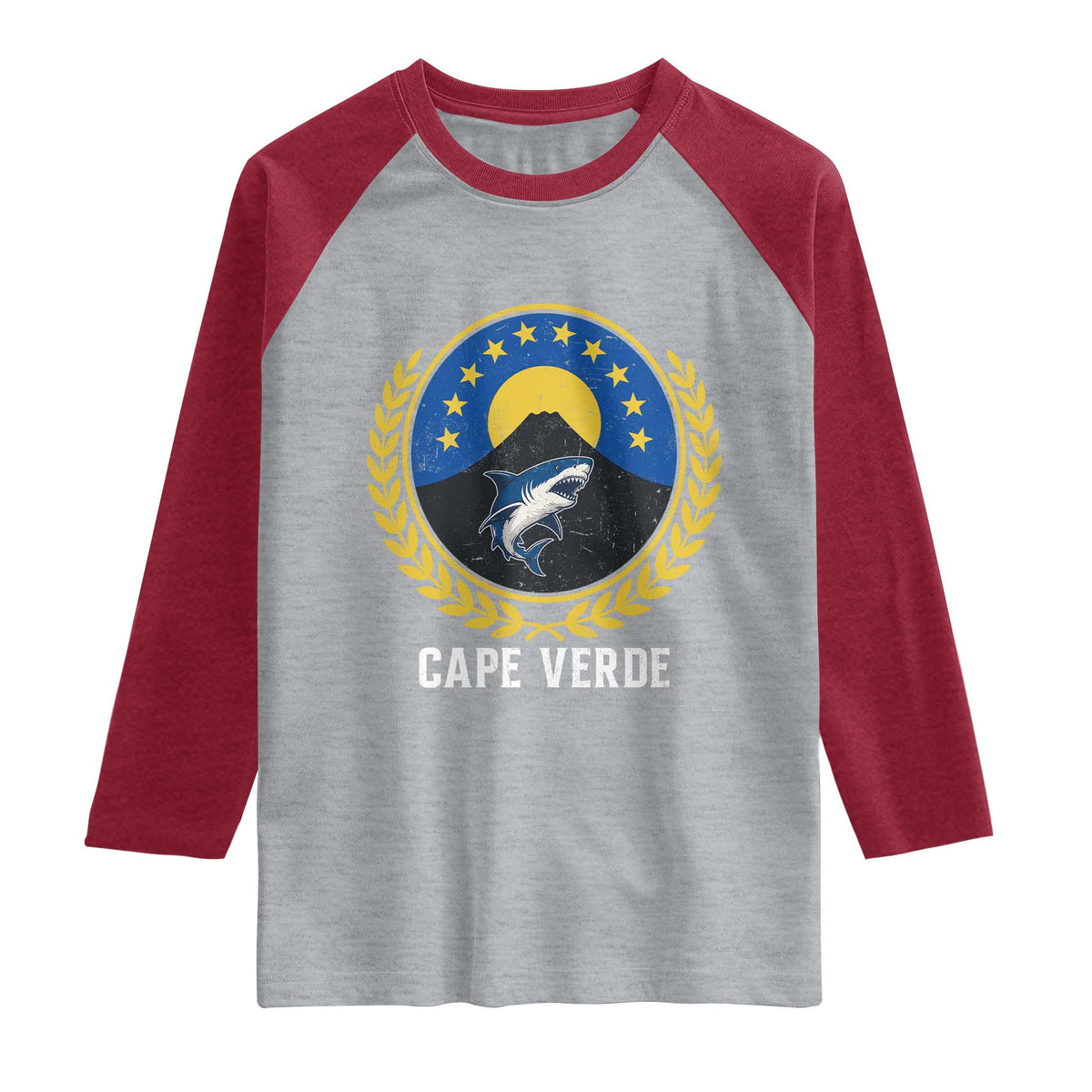Cape Verde Volcano Blue Sharks Gold Laurel Crest Graphic Raglan Shirt Retro Cabo Verde Heritage Pride