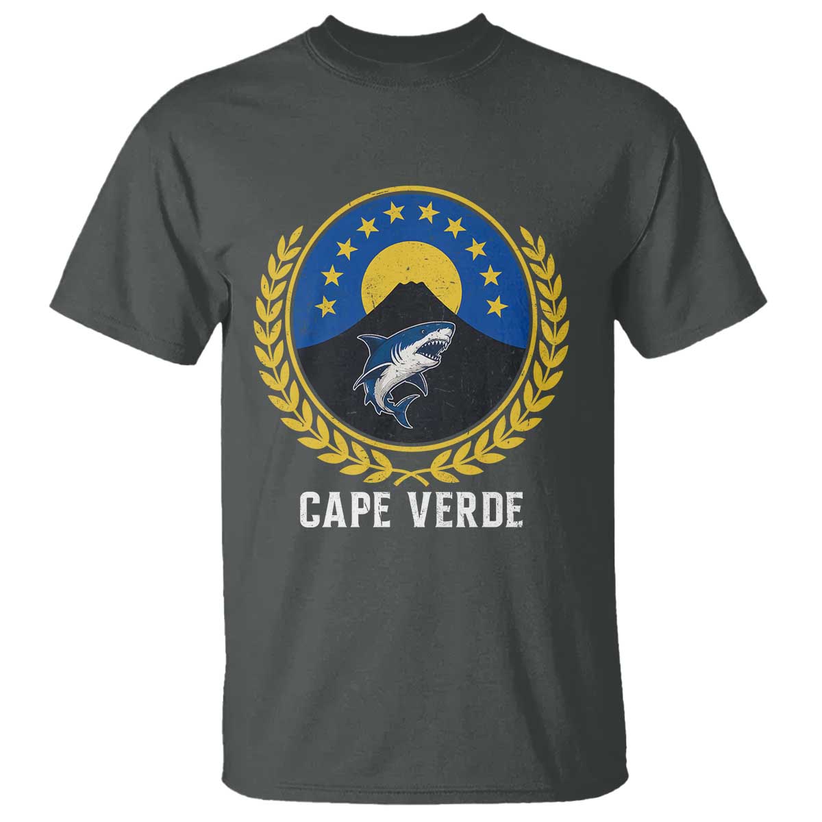 Cape Verde Volcano Blue Sharks Gold Laurel Crest Graphic T Shirt Retro Cabo Verde Heritage Pride