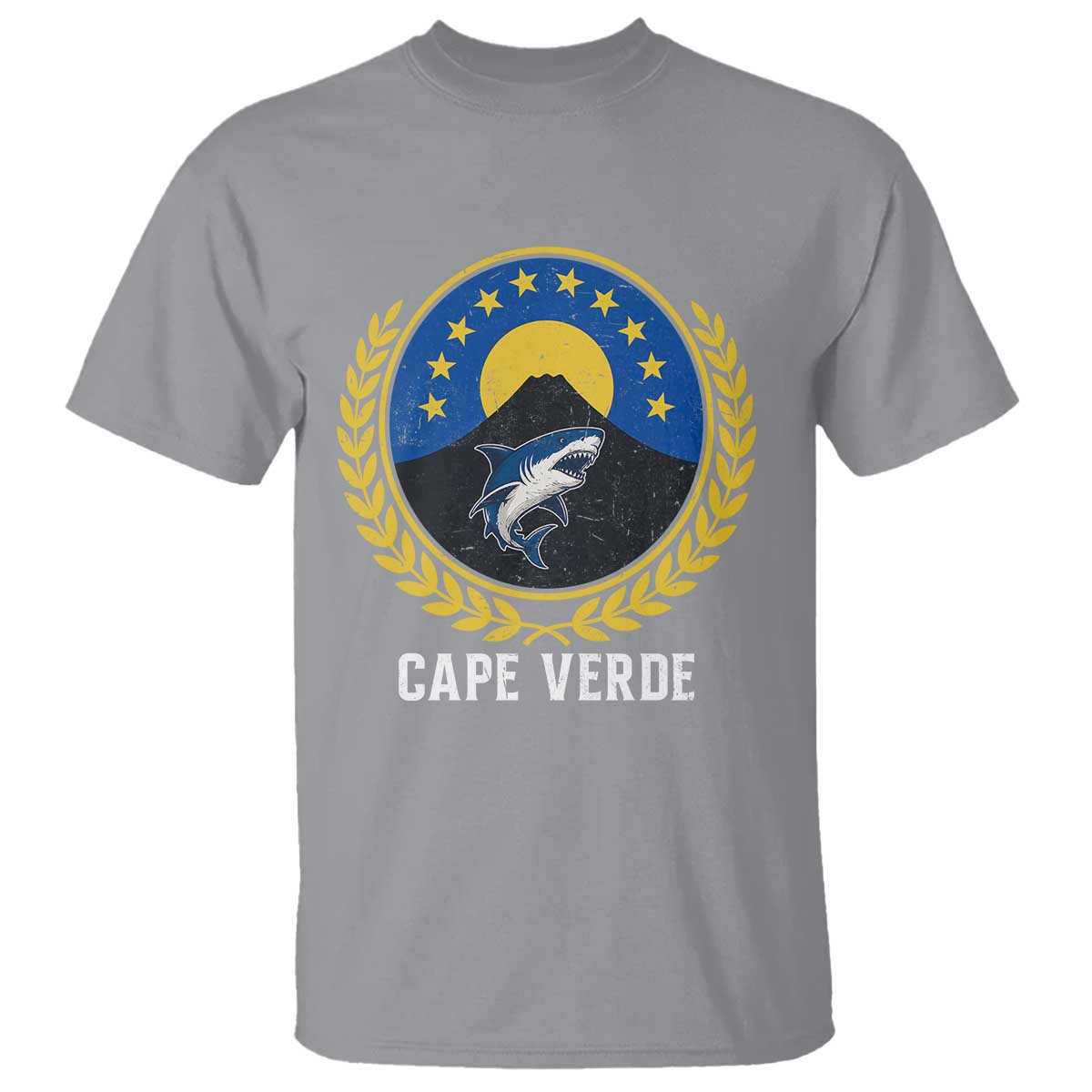 Cape Verde Volcano Blue Sharks Gold Laurel Crest Graphic T Shirt Retro Cabo Verde Heritage Pride