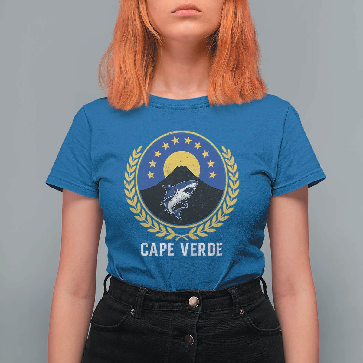 Cape Verde Volcano Blue Sharks Gold Laurel Crest Graphic T Shirt For Women Retro Cabo Verde Heritage Pride