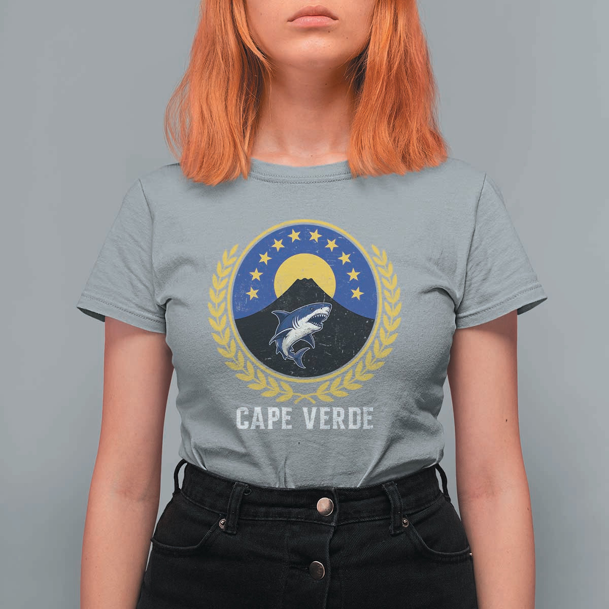 Cape Verde Volcano Blue Sharks Gold Laurel Crest Graphic T Shirt For Women Retro Cabo Verde Heritage Pride