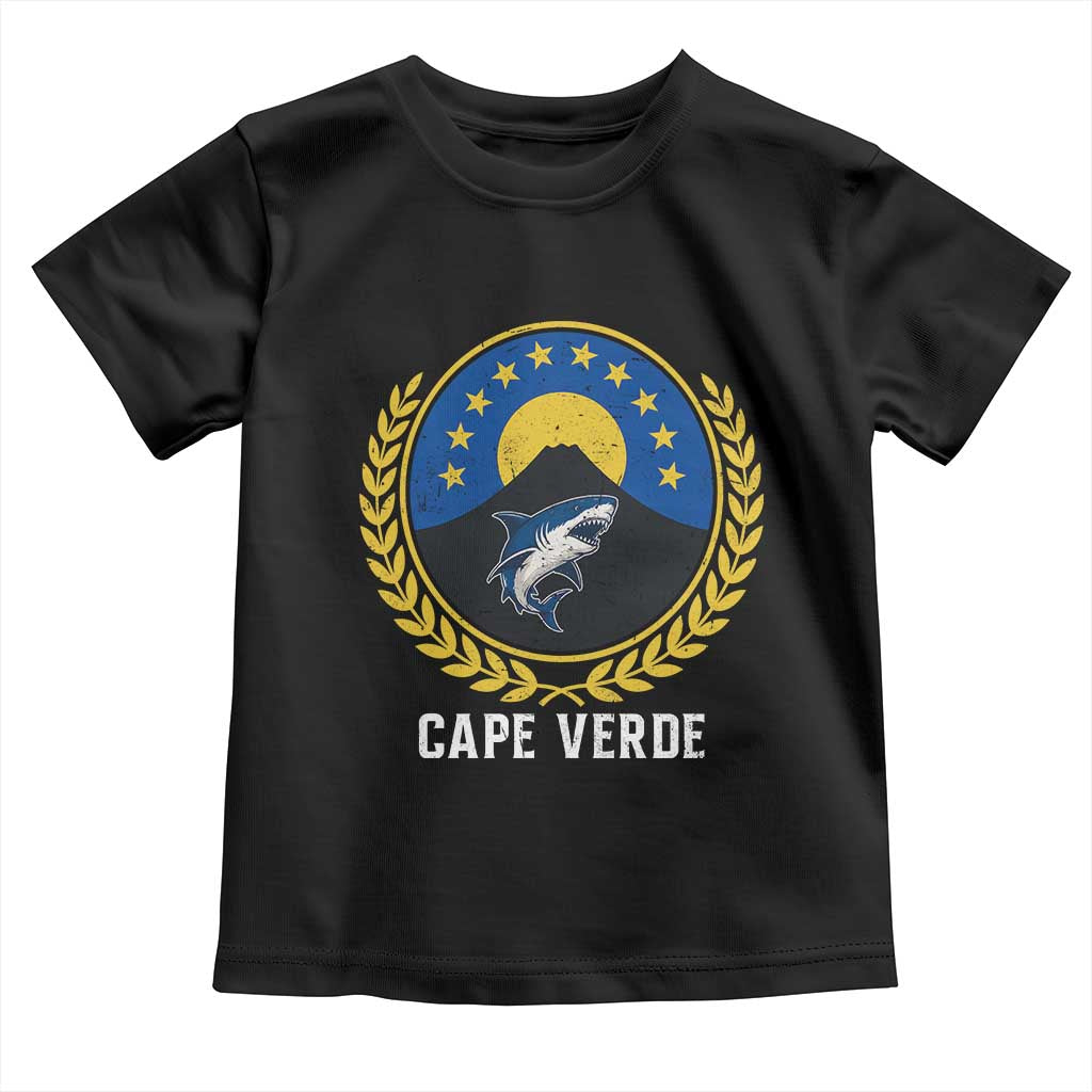 Cape Verde Volcano Blue Sharks Gold Laurel Crest Graphic Toddler T Shirt Retro Cabo Verde Heritage Pride
