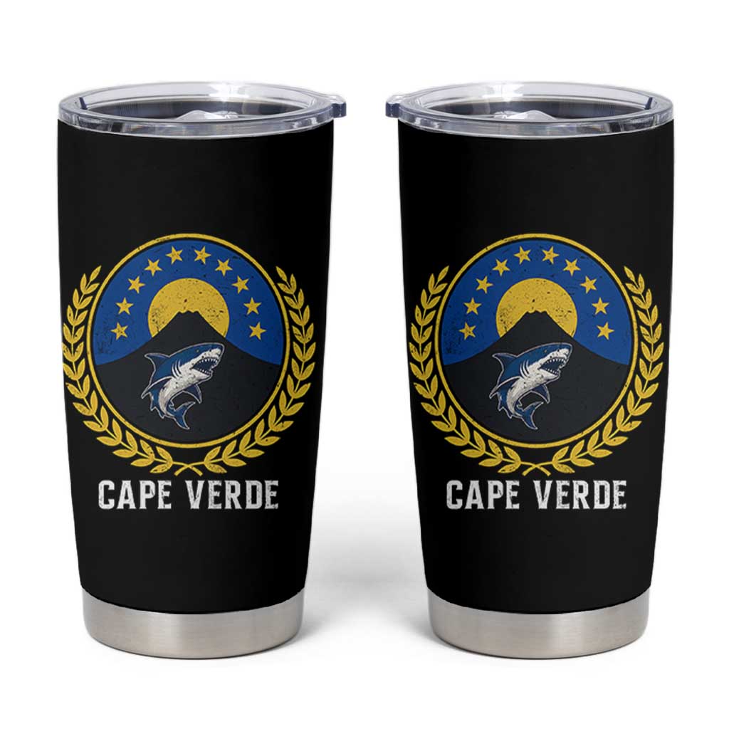 Cape Verde Volcano Blue Sharks Gold Laurel Crest Graphic Tumbler Cup Retro Cabo Verde Heritage Pride
