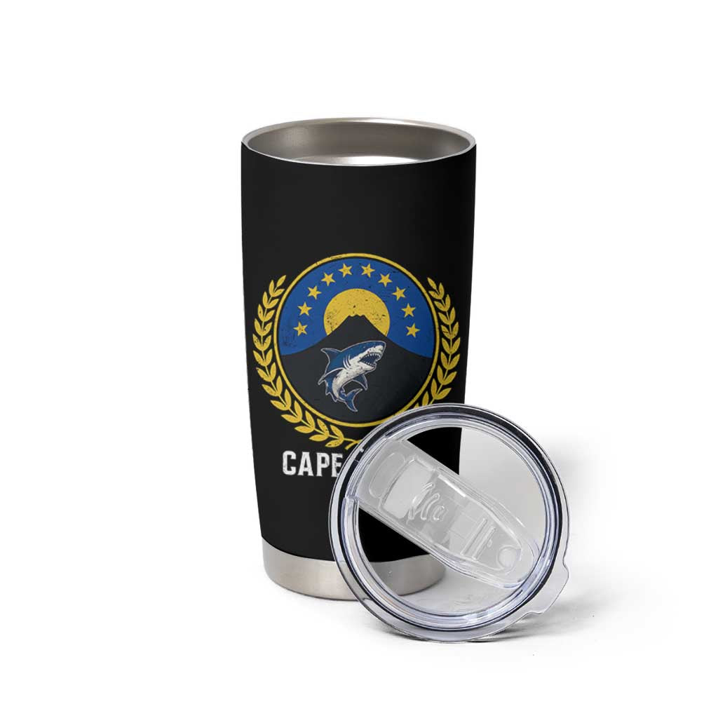 Cape Verde Volcano Blue Sharks Gold Laurel Crest Graphic Tumbler Cup Retro Cabo Verde Heritage Pride