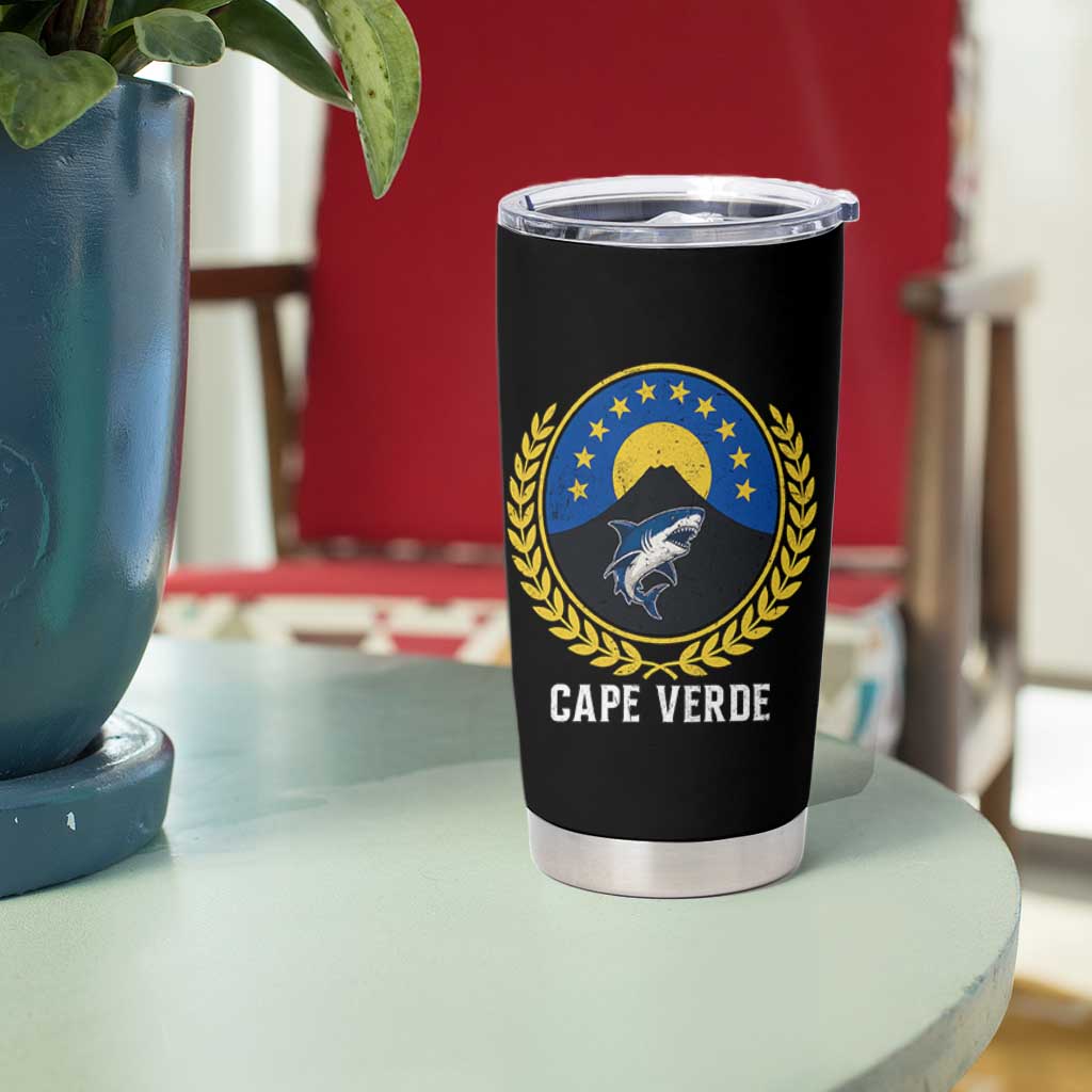 Cape Verde Volcano Blue Sharks Gold Laurel Crest Graphic Tumbler Cup Retro Cabo Verde Heritage Pride